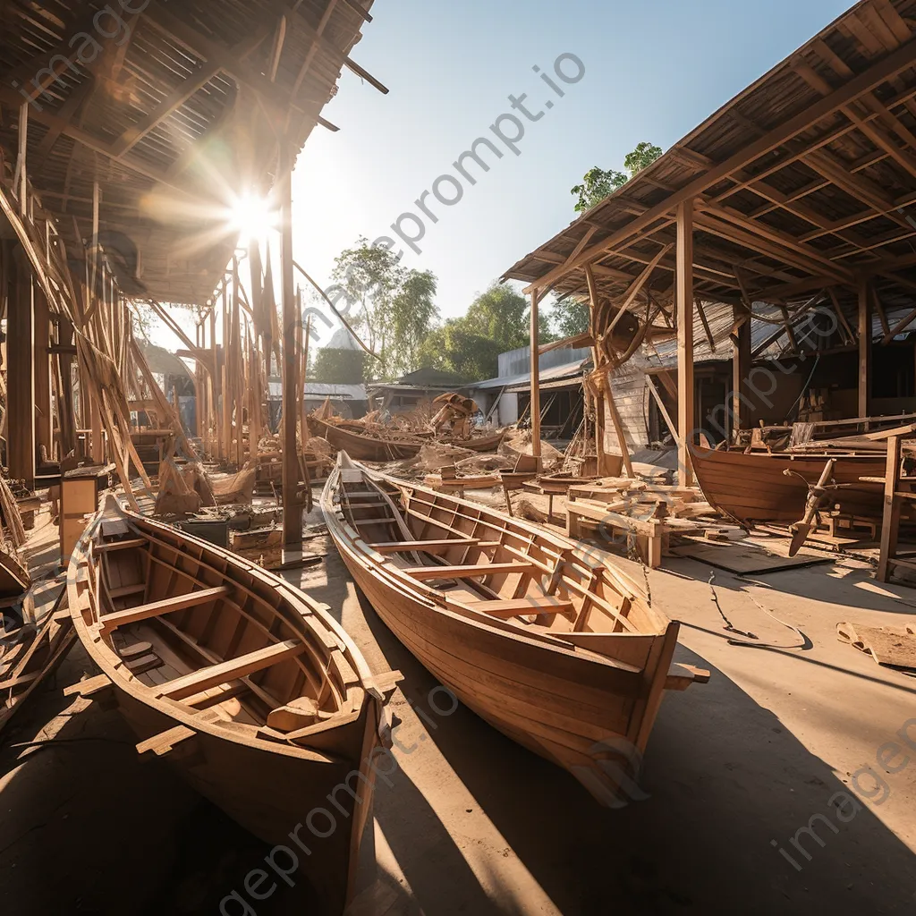 Wide angle view of an outdoor boat-building yard with several unfinished boats - Image 1