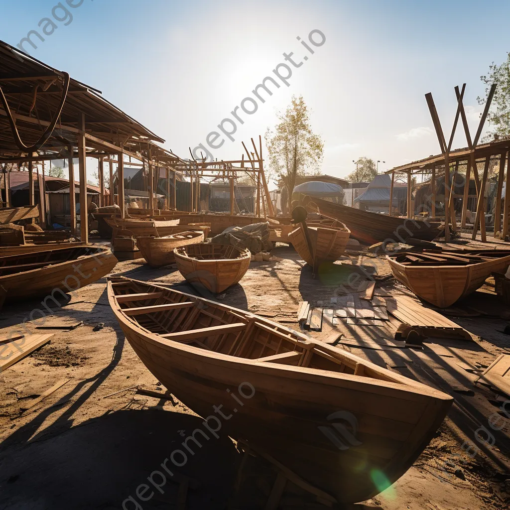 Wide angle view of an outdoor boat-building yard with several unfinished boats - Image 2