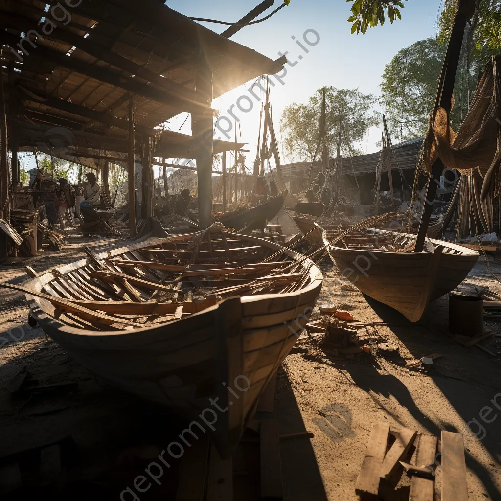 Wide angle view of an outdoor boat-building yard with several unfinished boats - Image 4