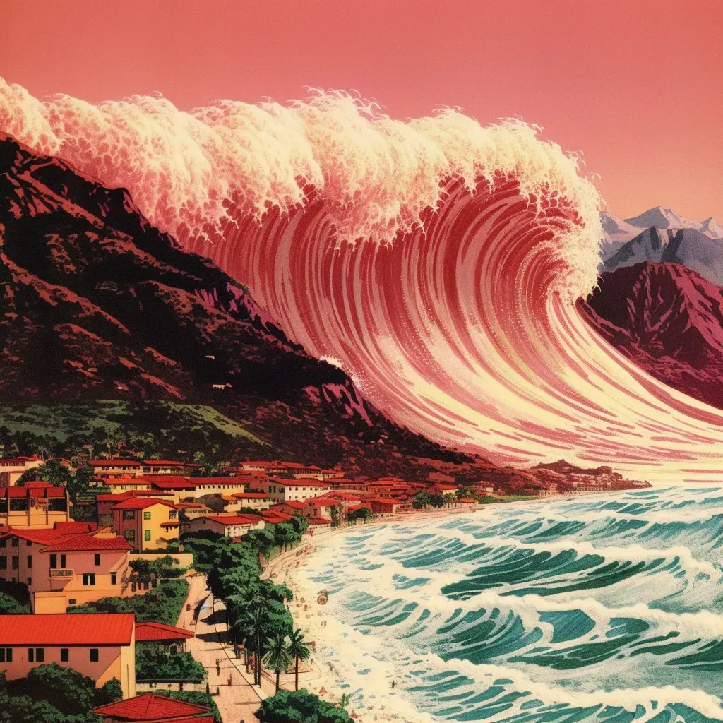 Illustration of a giant tsunami wave approaching a coastal village under clear skies. - Image 1