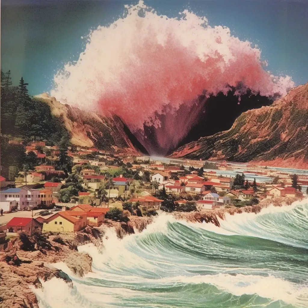 Illustration of a giant tsunami wave approaching a coastal village under clear skies. - Image 2