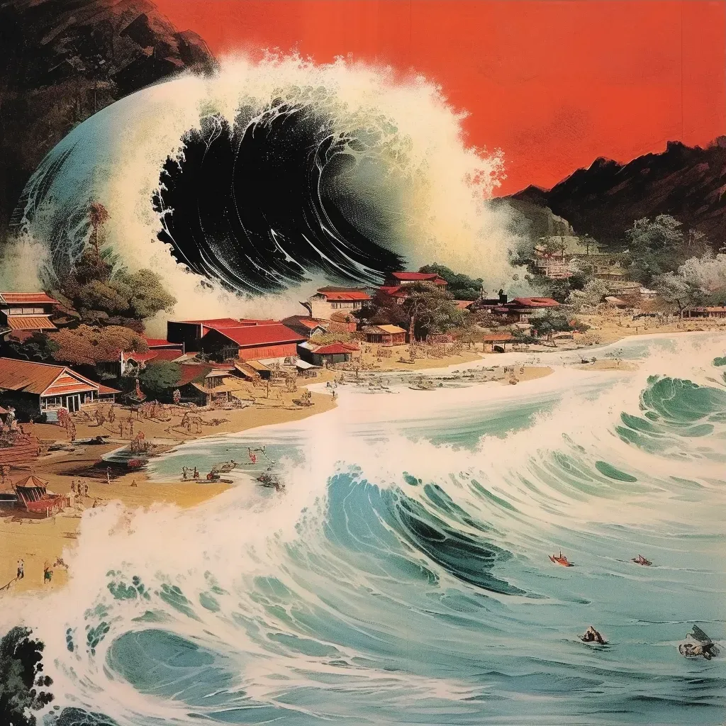 Illustration of a giant tsunami wave approaching a coastal village under clear skies. - Image 3