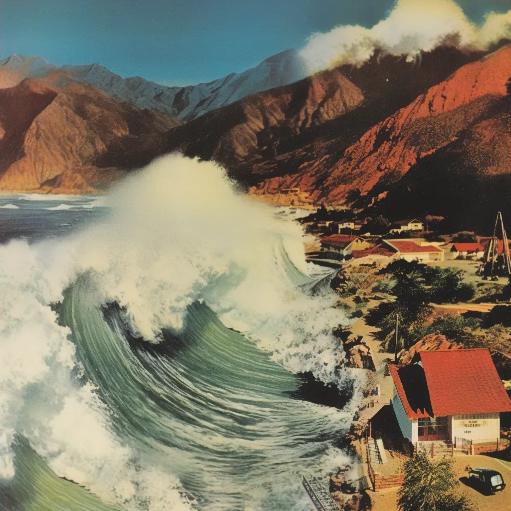 Illustration of a giant tsunami wave approaching a coastal village under clear skies. - Image 4