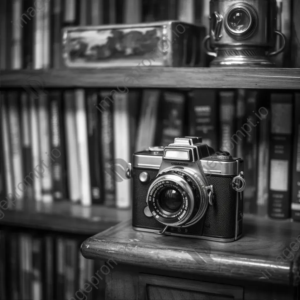 Black and white old film camera on vintage bookshelf - Image 2