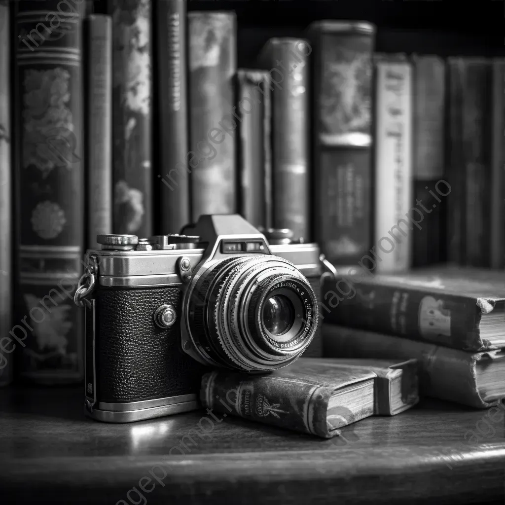 Black and white old film camera on vintage bookshelf - Image 3