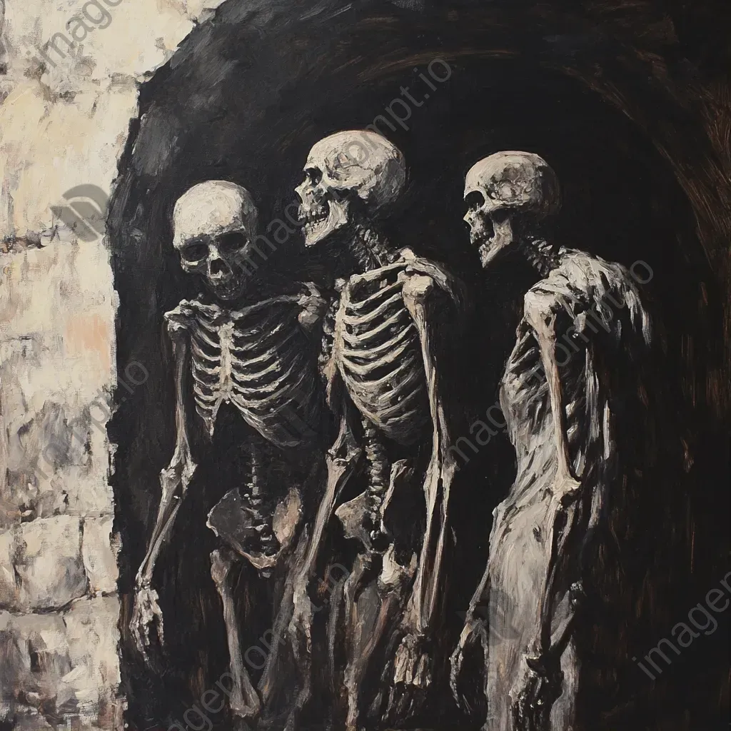 Chiaroscuro oil painting of an ancient crypt with emerging skeletal figures - Image 1