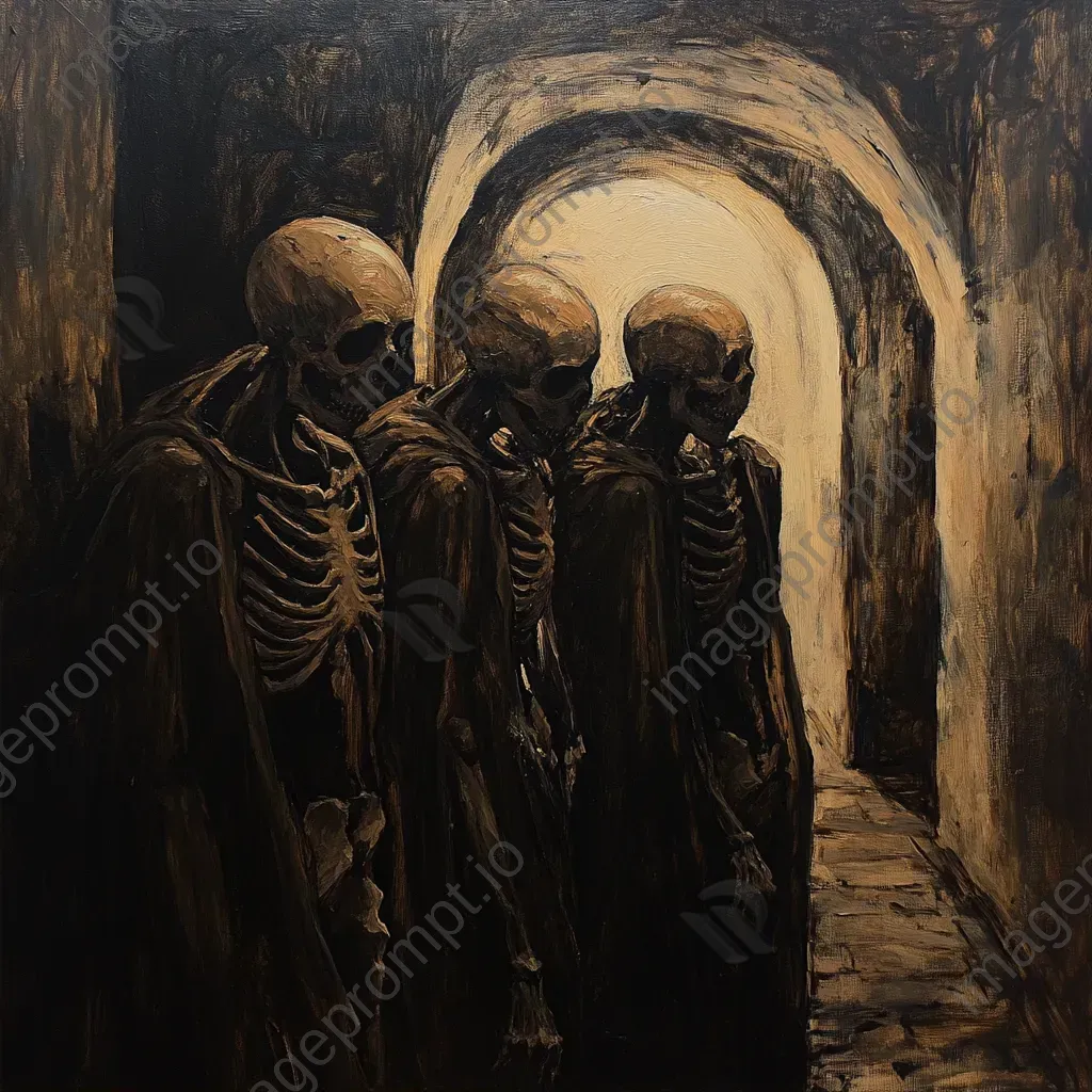 Chiaroscuro oil painting of an ancient crypt with emerging skeletal figures - Image 2