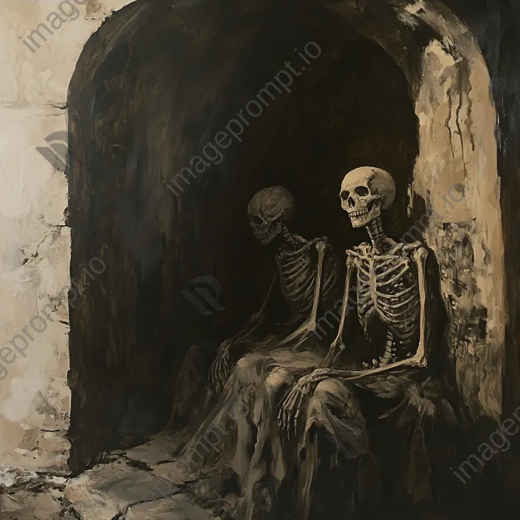 Chiaroscuro oil painting of an ancient crypt with emerging skeletal figures - Image 3