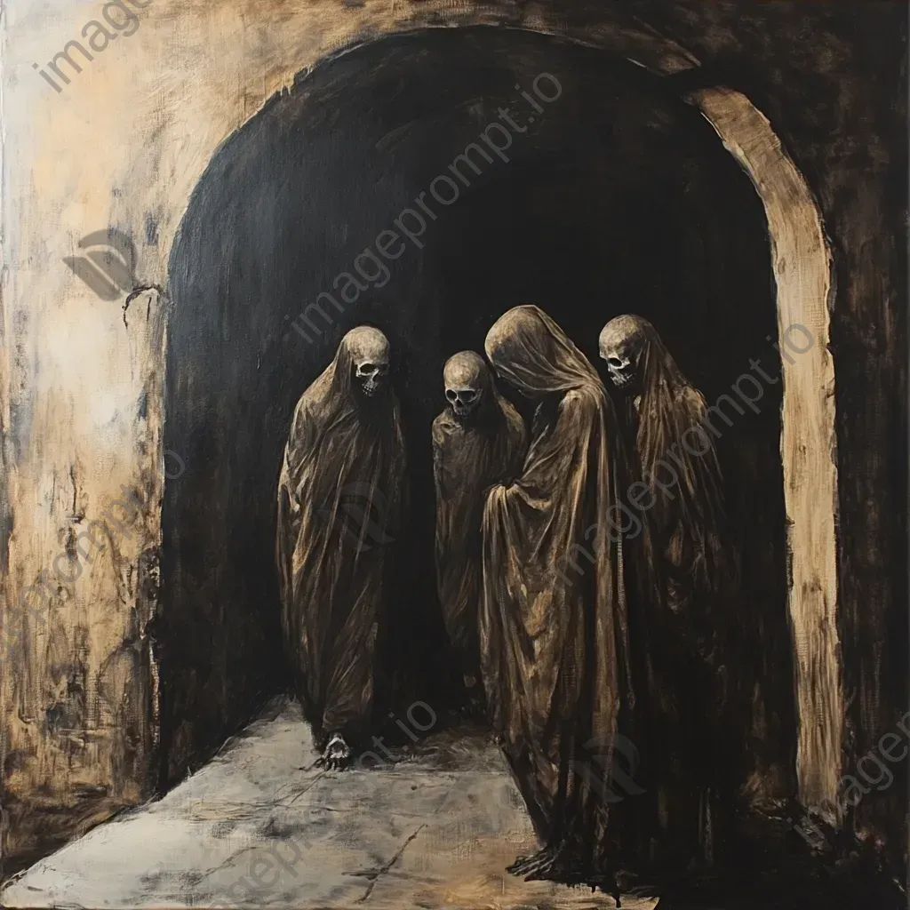 Chiaroscuro oil painting of an ancient crypt with emerging skeletal figures - Image 4