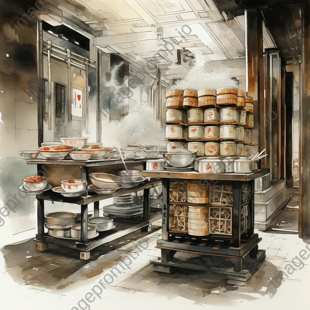 Ink wash painting of a dim sum trolley in Hong Kong - Image 3