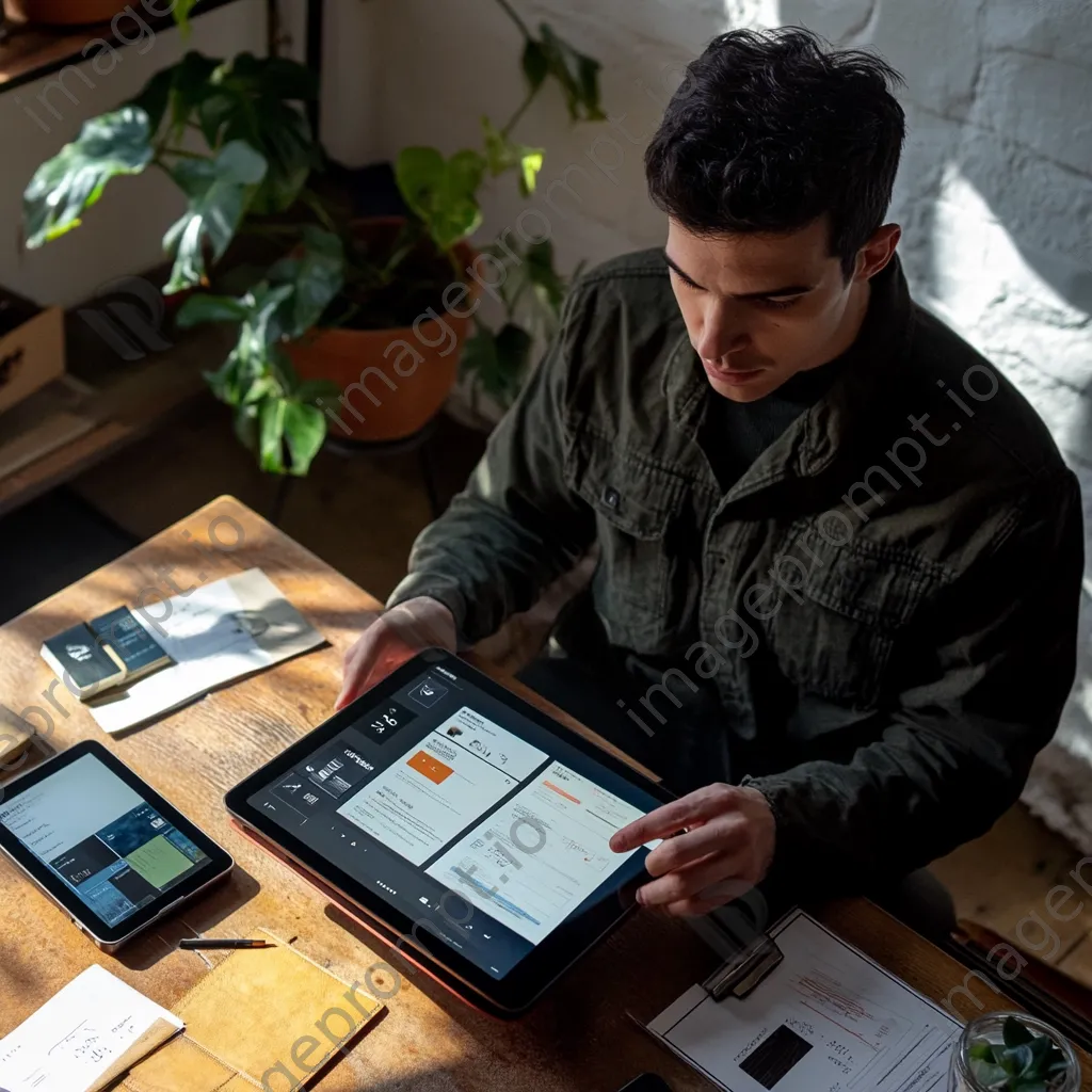 A startup founder reviewing a business plan on a tablet surrounded by devices. - Image 1