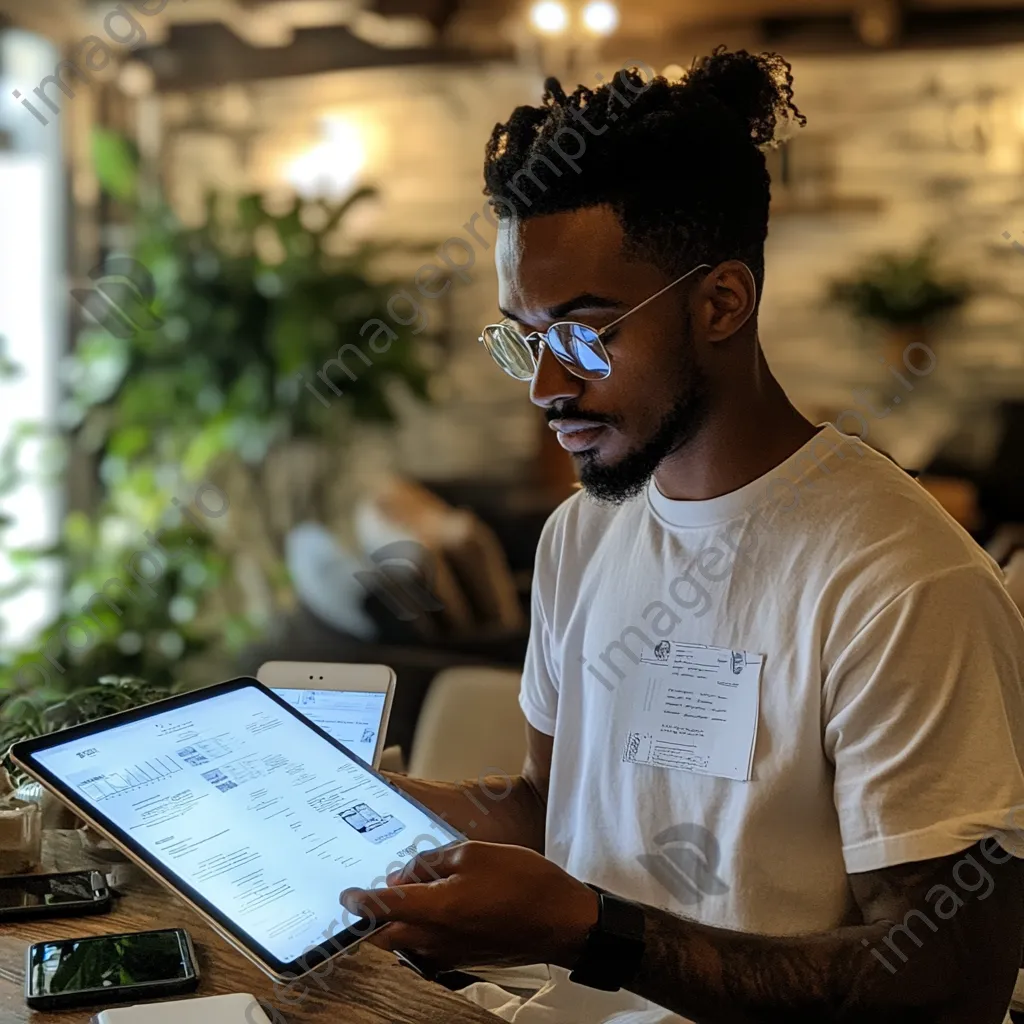 A startup founder reviewing a business plan on a tablet surrounded by devices. - Image 3