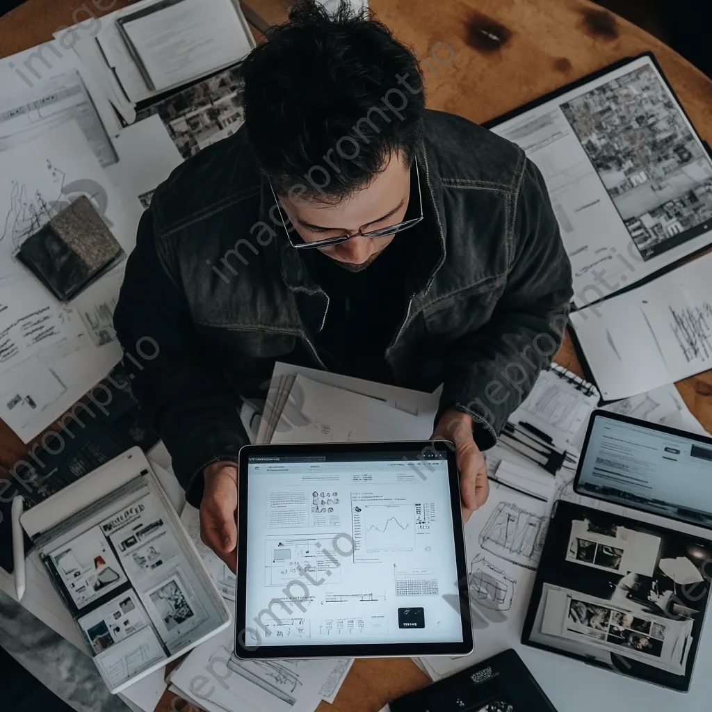 A startup founder reviewing a business plan on a tablet surrounded by devices. - Image 4