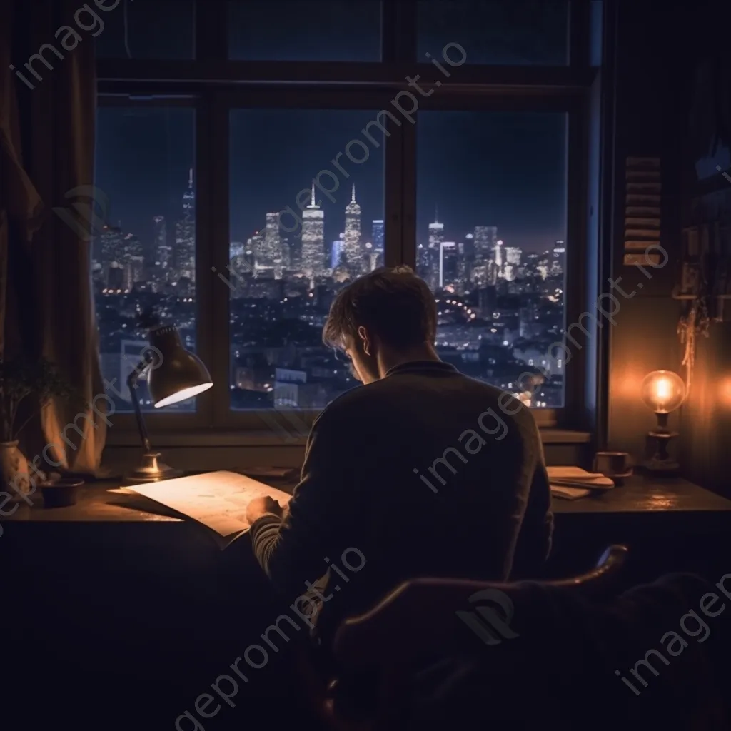 Student studying at night with candles and a city view. - Image 1