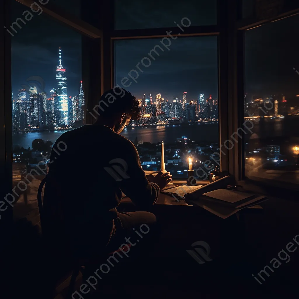 Student studying at night with candles and a city view. - Image 2