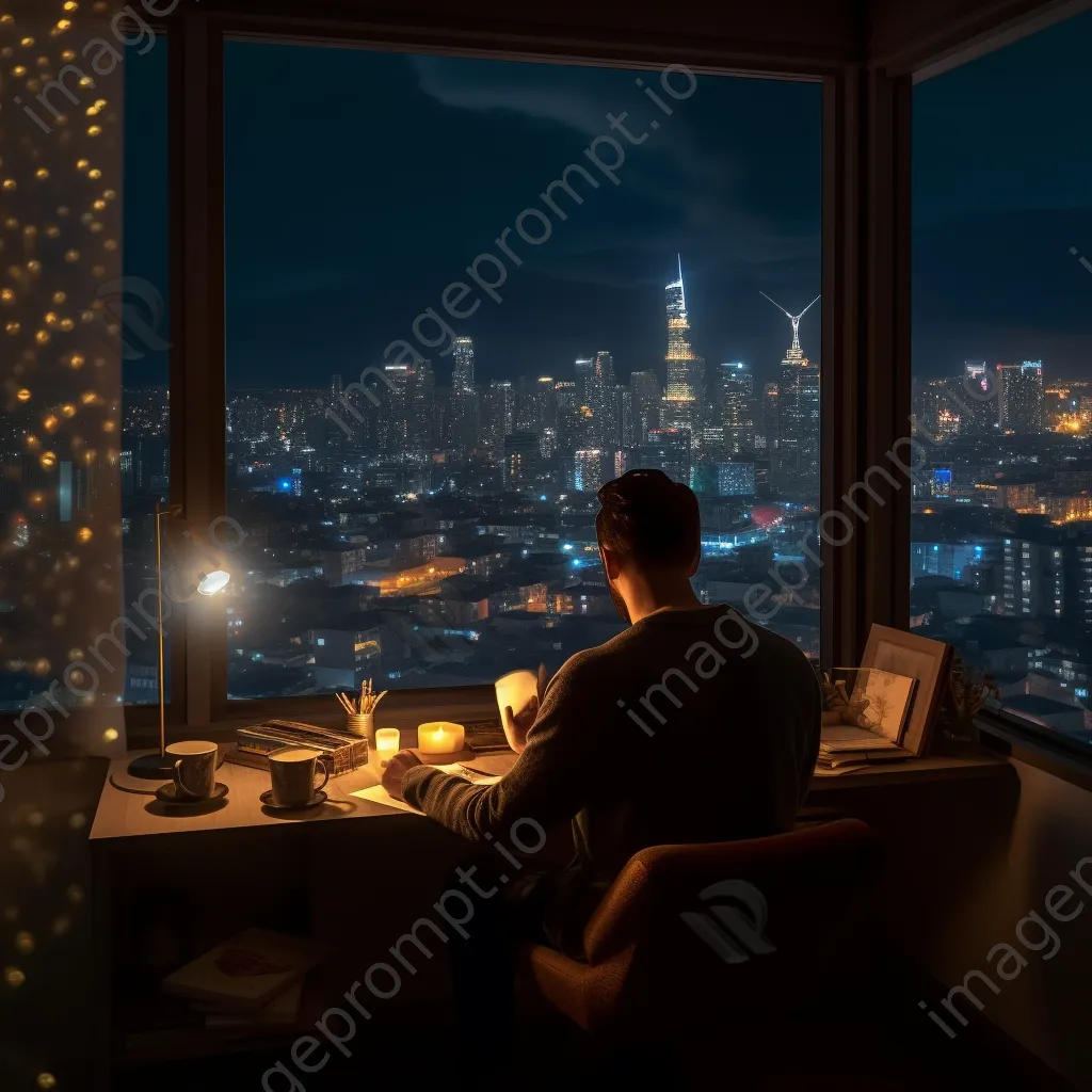 Student studying at night with candles and a city view. - Image 3