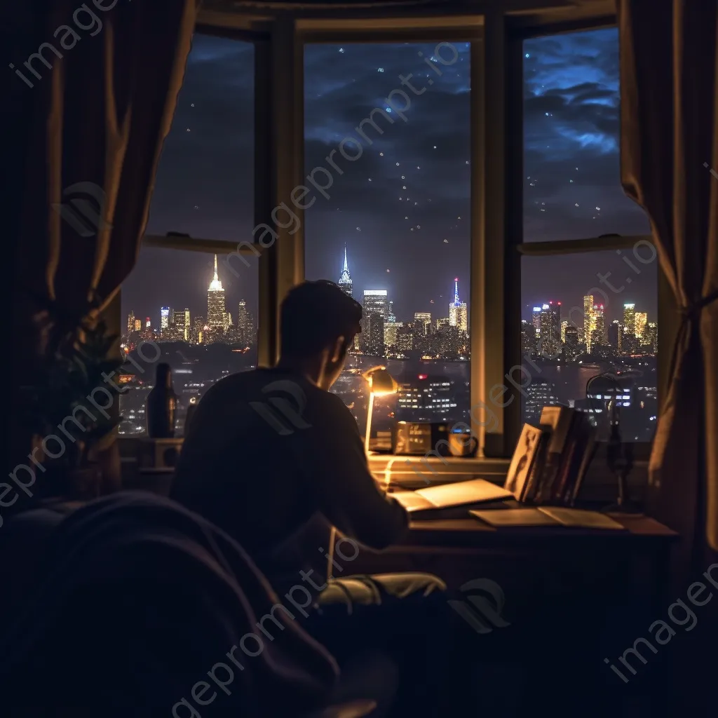 Student studying at night with candles and a city view. - Image 4