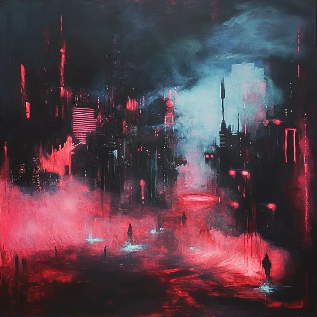 Surrealist acrylic painting of a cityscape populated by shadow creatures, with neon lights flashing in heavy fog - Image 1