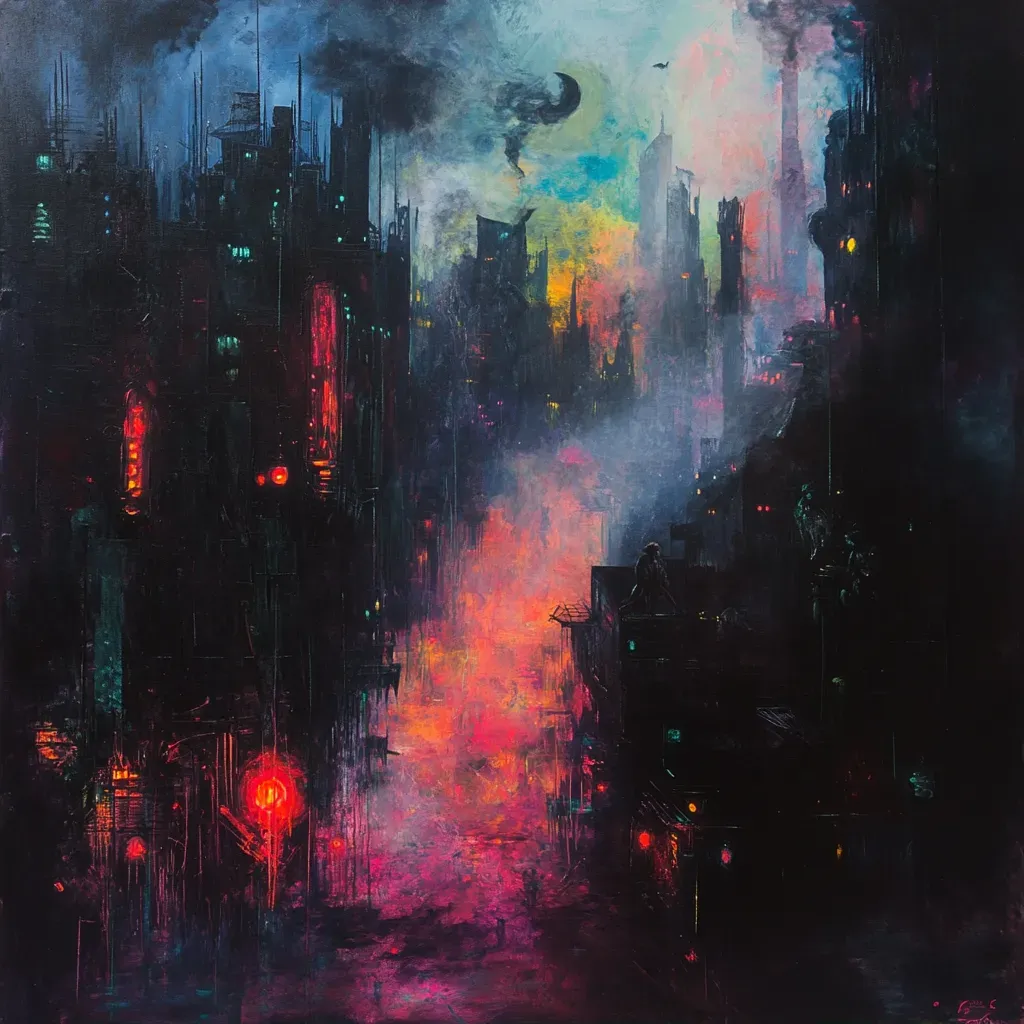 Surrealist acrylic painting of a cityscape populated by shadow creatures, with neon lights flashing in heavy fog - Image 2