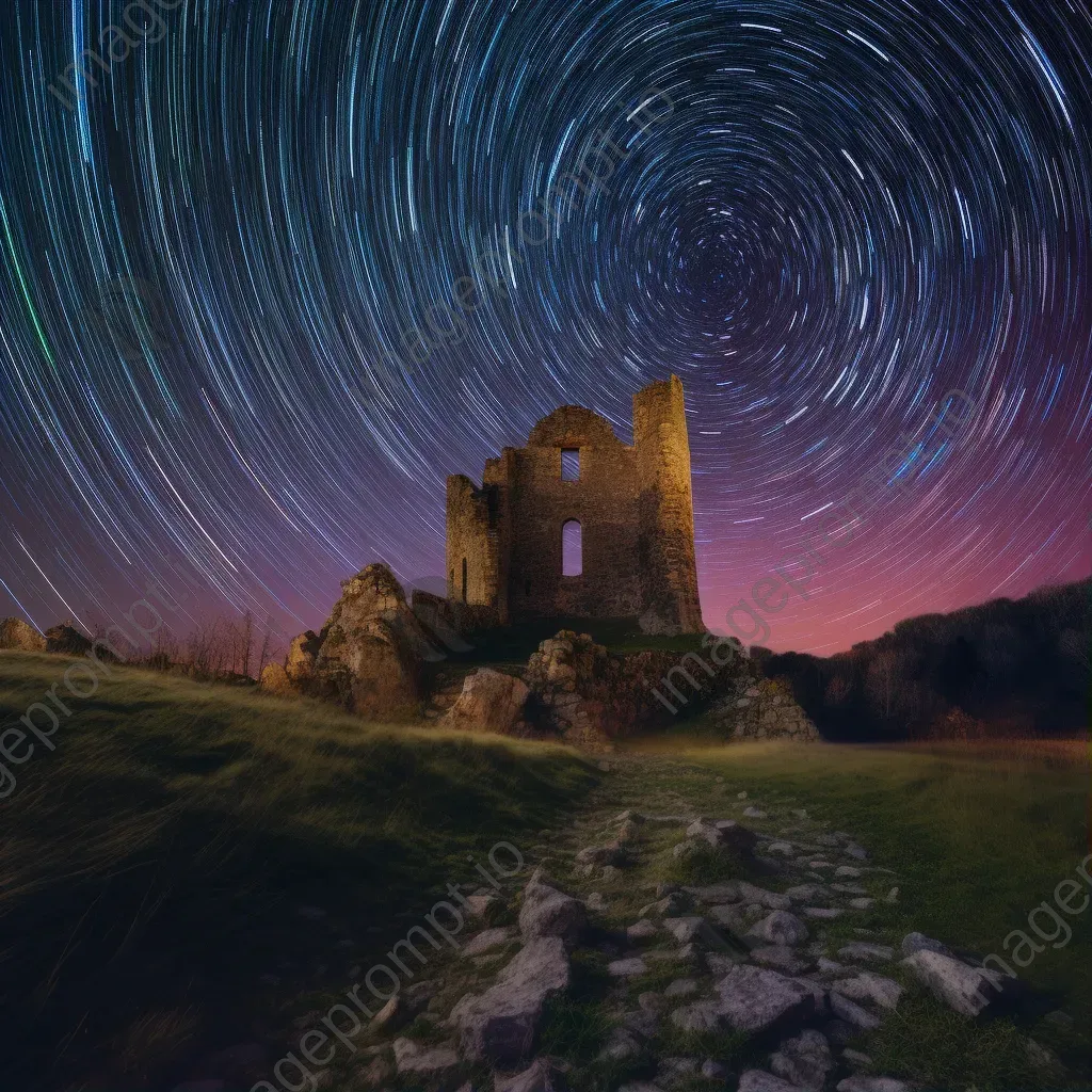 Vibrant star trails painting the sky above ancient castle ruins - Image 1