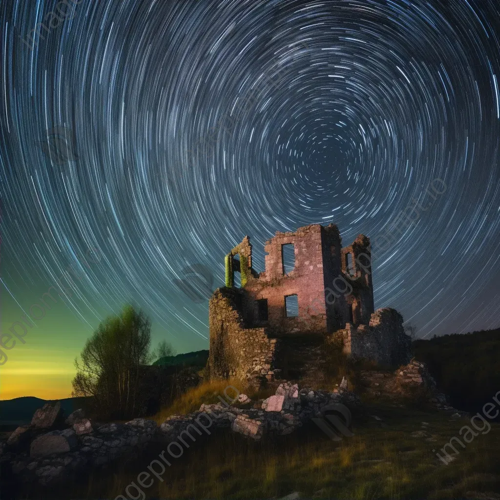 Vibrant star trails painting the sky above ancient castle ruins - Image 2