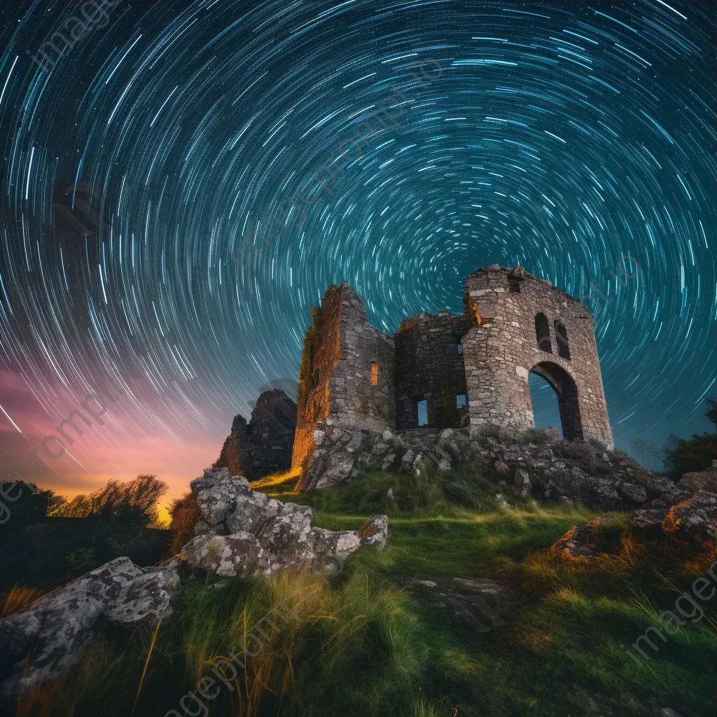 Vibrant star trails painting the sky above ancient castle ruins - Image 3