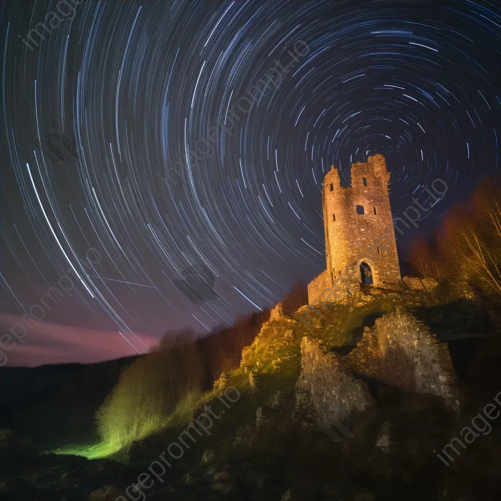 Vibrant star trails painting the sky above ancient castle ruins - Image 4