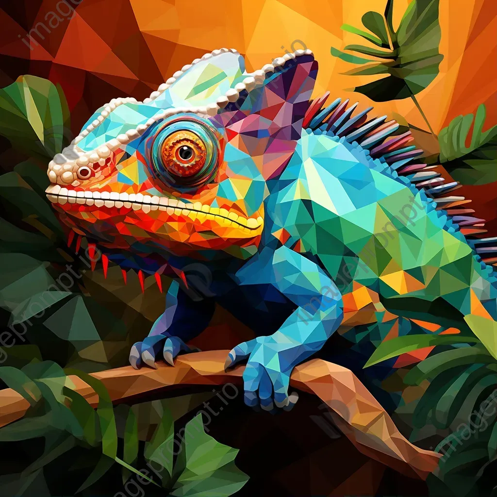 Geometric representation of colorful chameleon in jungle in low poly style - Image 1