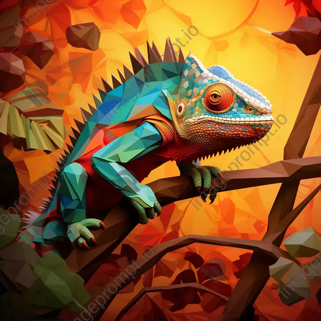 Geometric representation of colorful chameleon in jungle in low poly style - Image 2