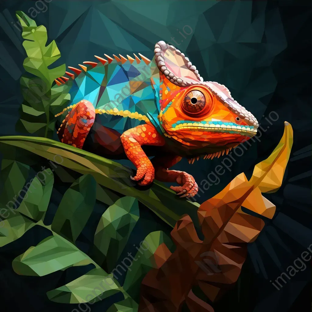 Geometric representation of colorful chameleon in jungle in low poly style - Image 3