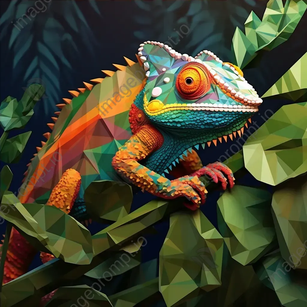 Geometric representation of colorful chameleon in jungle in low poly style - Image 4