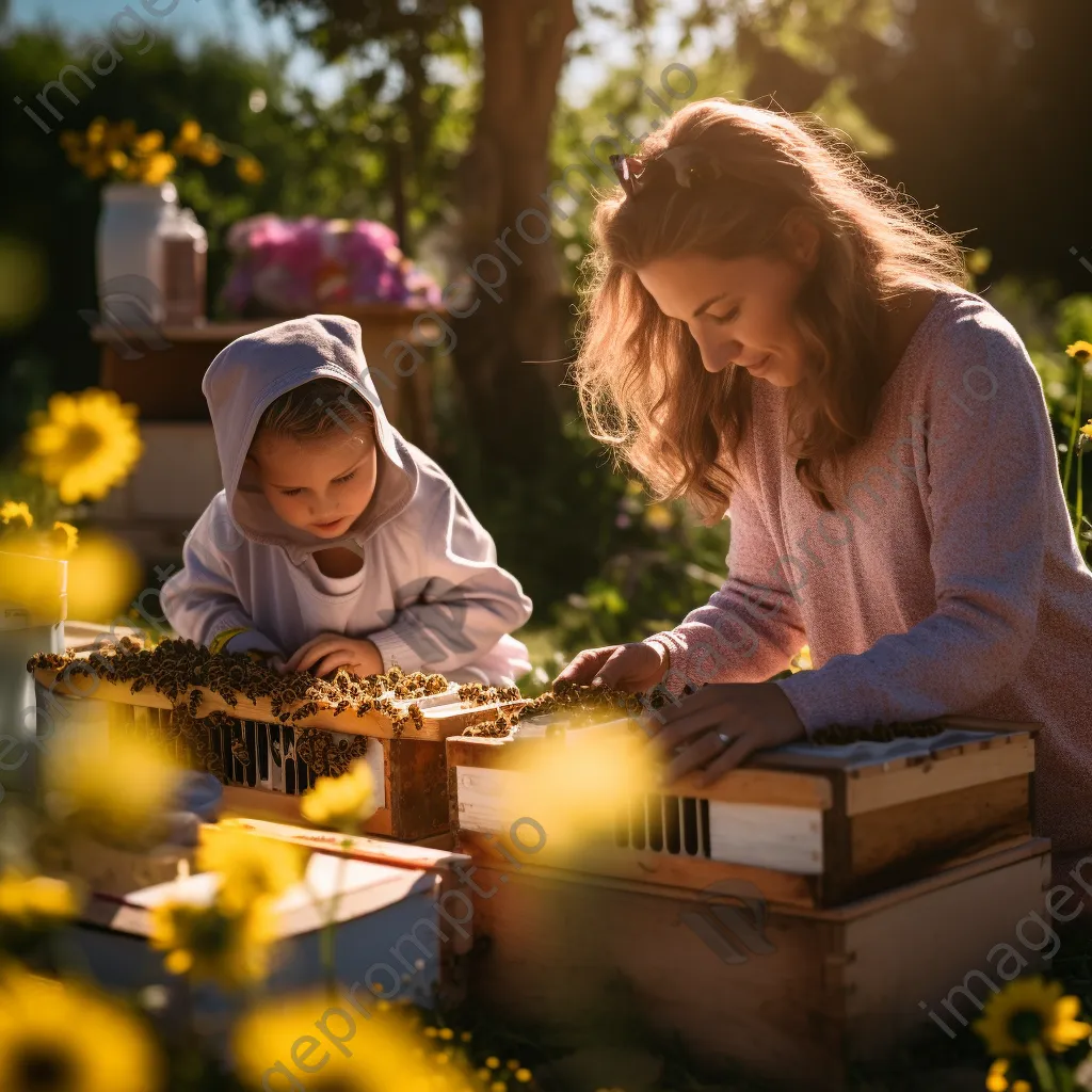 Family with children learning beekeeping at traditional apiary on a sunny day. - Image 1