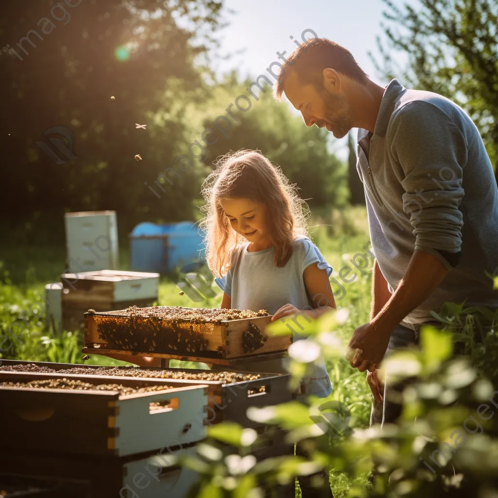 Family with children learning beekeeping at traditional apiary on a sunny day. - Image 3