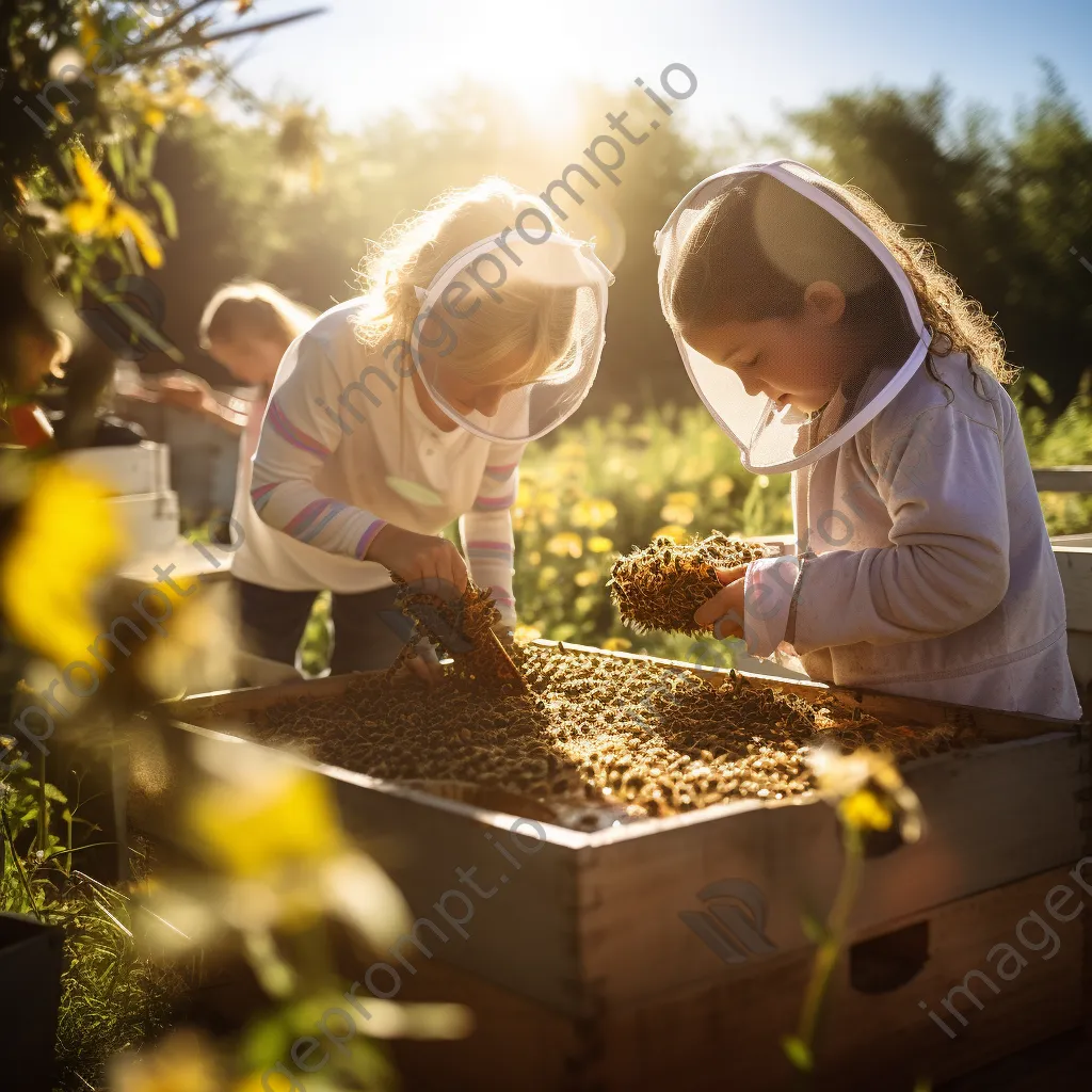 Family with children learning beekeeping at traditional apiary on a sunny day. - Image 4