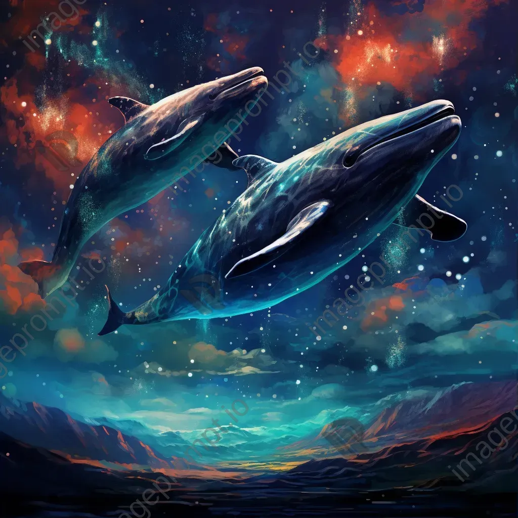 Surrealistic artwork of cosmic whales swimming among glowing constellations - Image 1