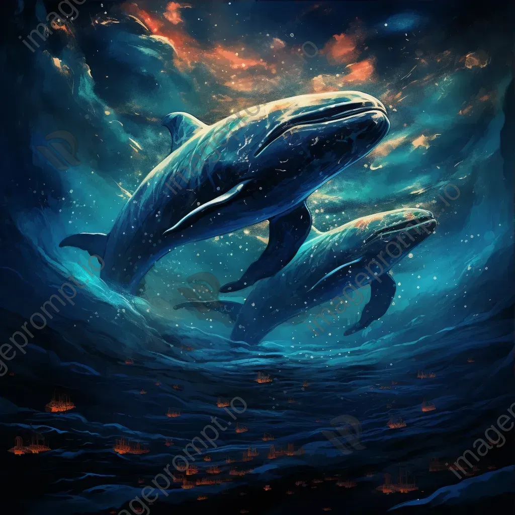 Surrealistic artwork of cosmic whales swimming among glowing constellations - Image 3