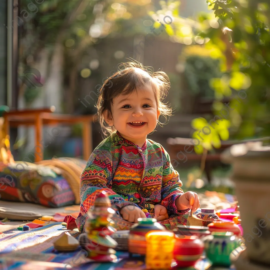 Joyful child in colorful ethnic clothing playing outdoors - Image 1