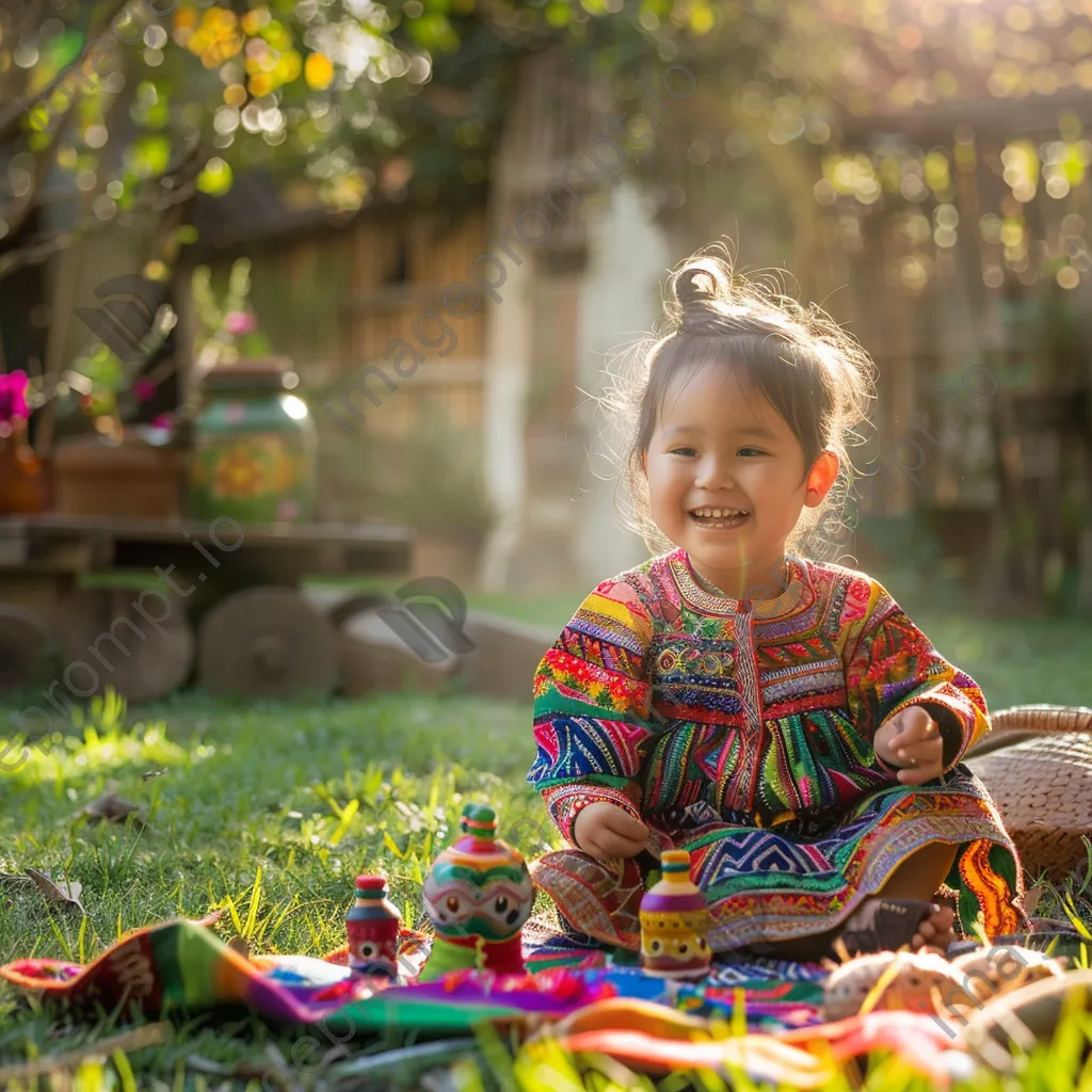 Joyful child in colorful ethnic clothing playing outdoors - Image 2