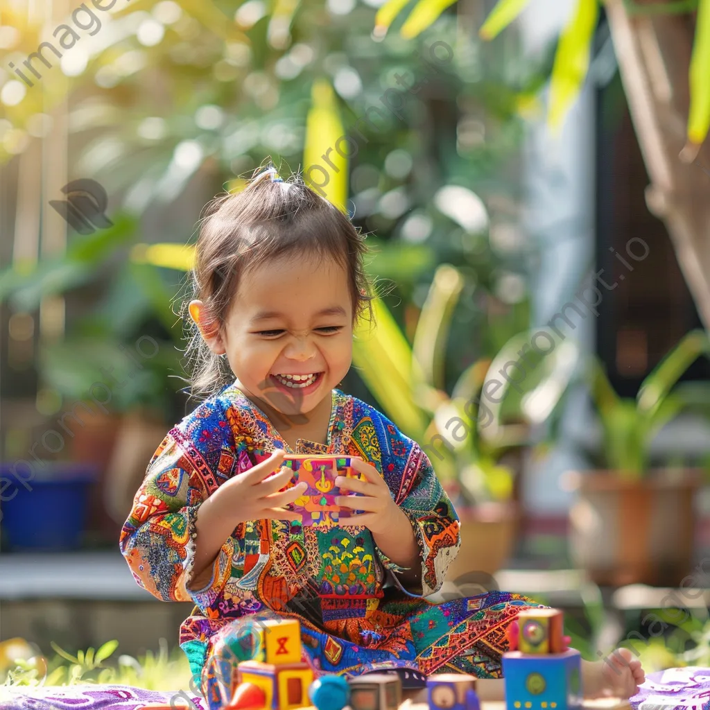 Joyful child in colorful ethnic clothing playing outdoors - Image 3