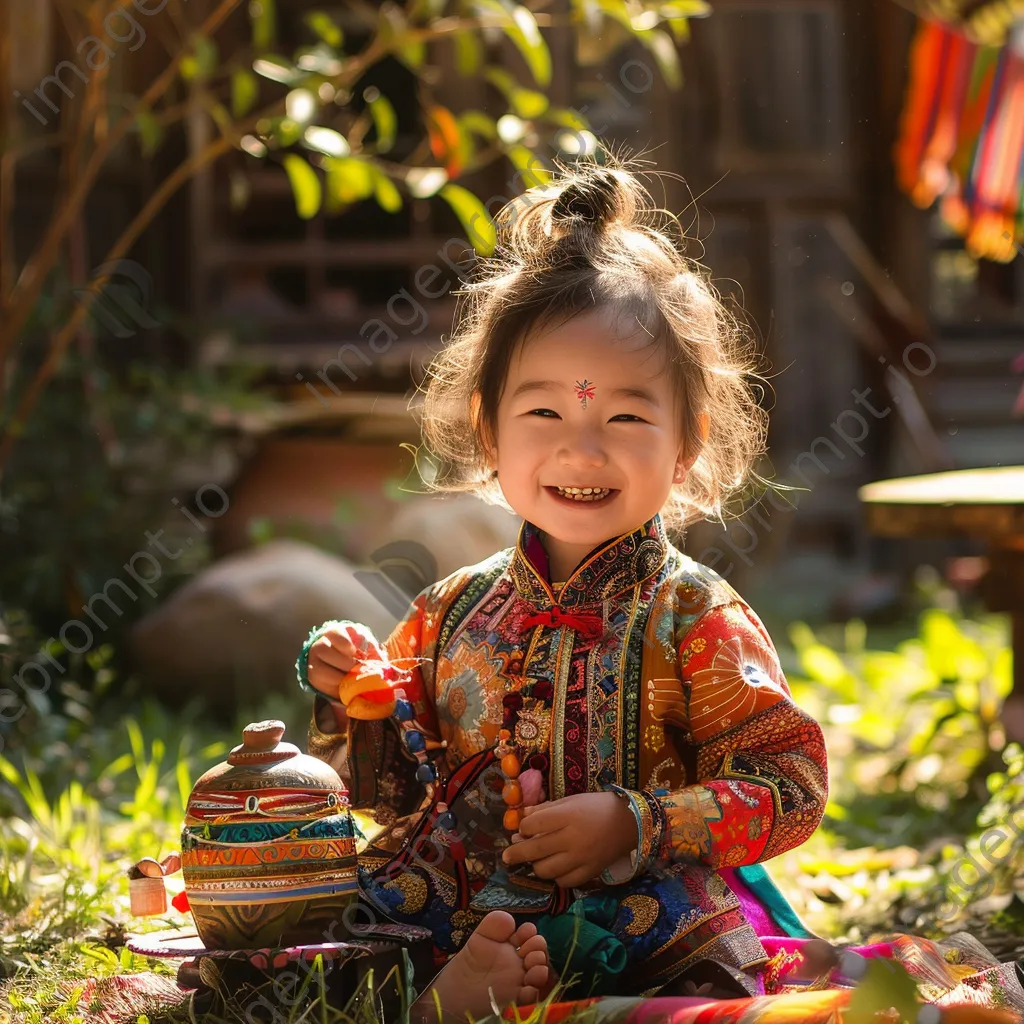 Joyful child in colorful ethnic clothing playing outdoors - Image 4