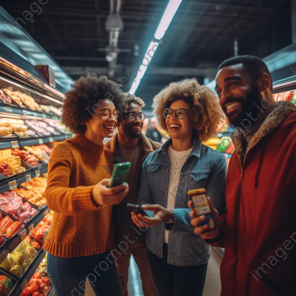 Diverse group of friends shopping in a supermarket aisle for snack options. - Image 1