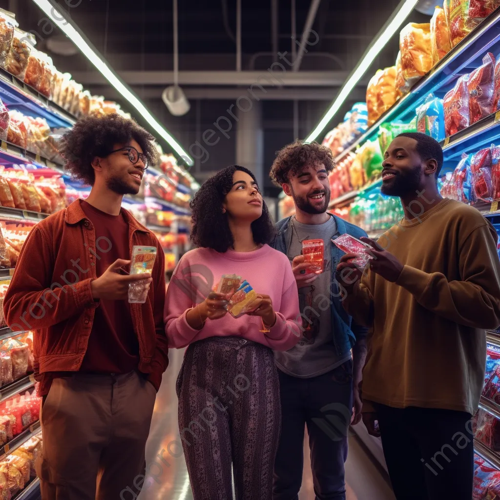 Diverse group of friends shopping in a supermarket aisle for snack options. - Image 2