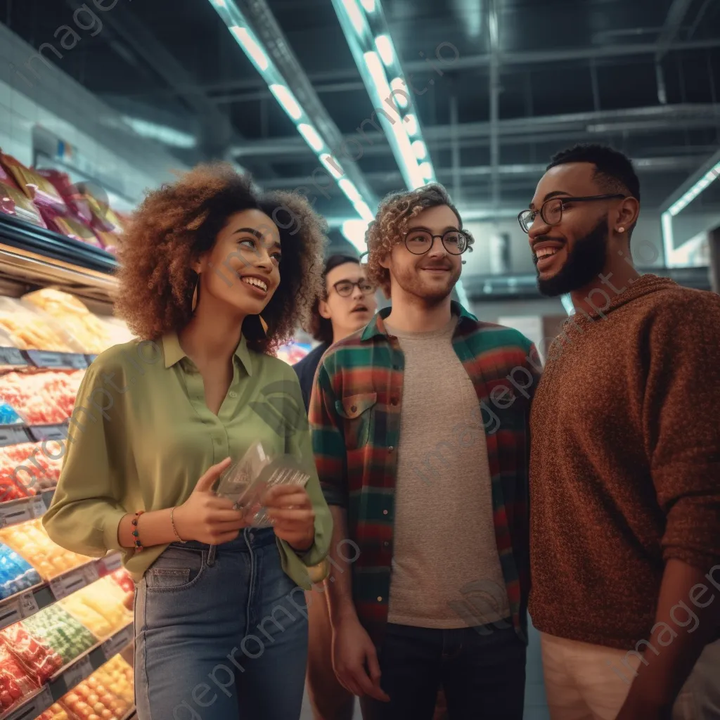 Diverse group of friends shopping in a supermarket aisle for snack options. - Image 3