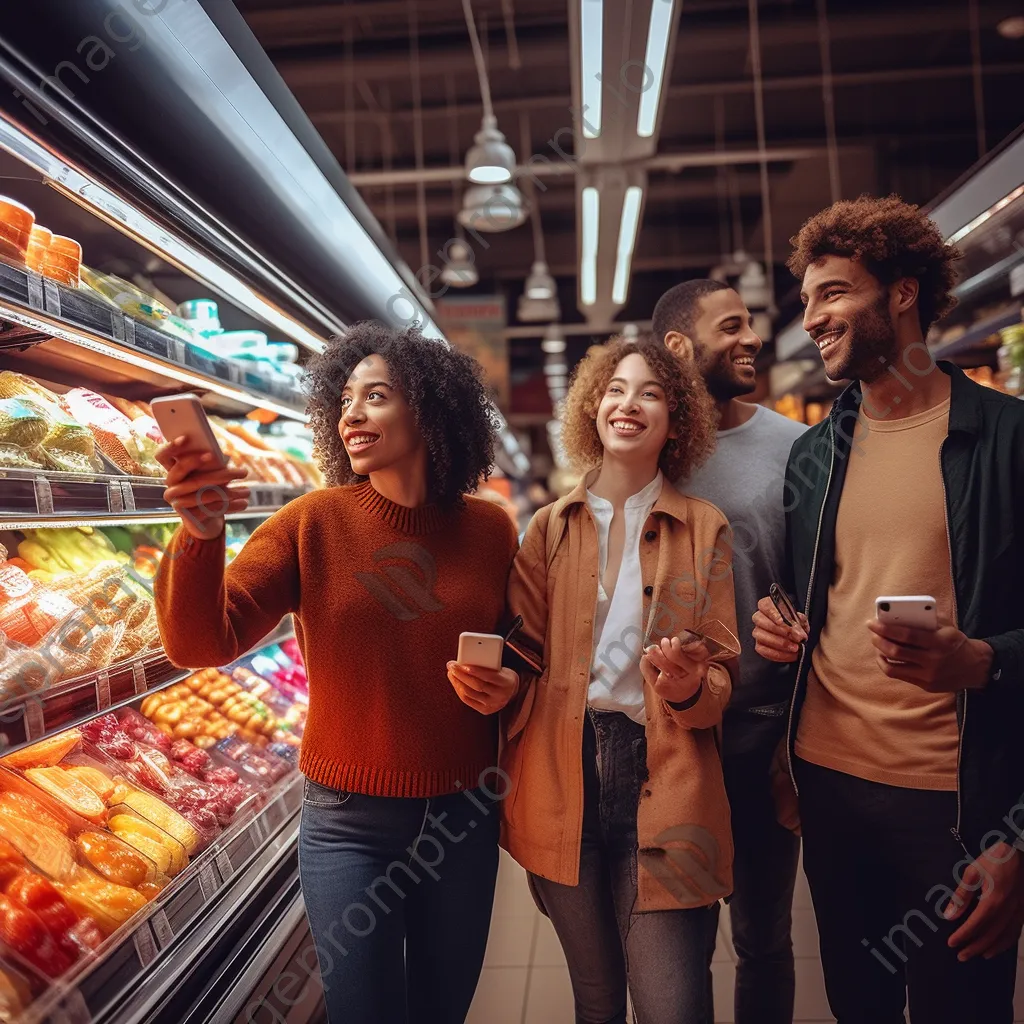 Diverse group of friends shopping in a supermarket aisle for snack options. - Image 4