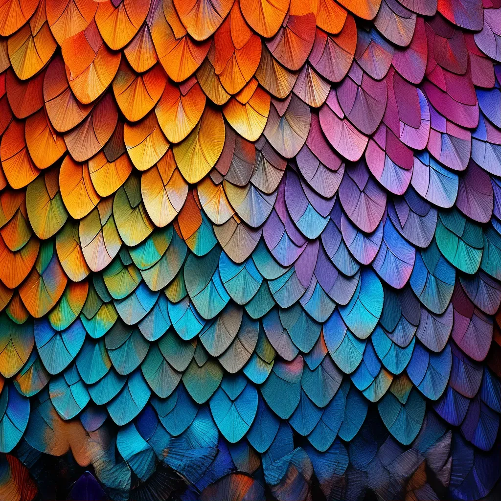 Depiction of stunning array of colors in butterfly wing scales, a microscopic kaleidoscope of natural artistry. - Image 1