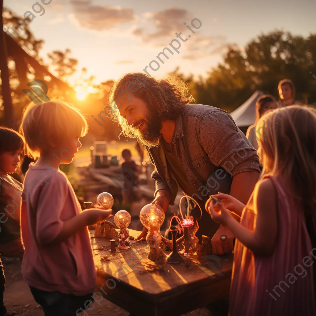 Artisan teaching children glass blowing techniques outdoors - Image 1