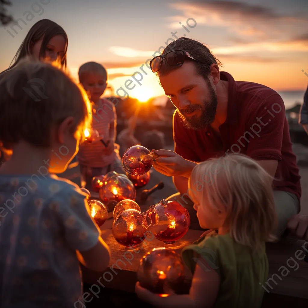 Artisan teaching children glass blowing techniques outdoors - Image 2