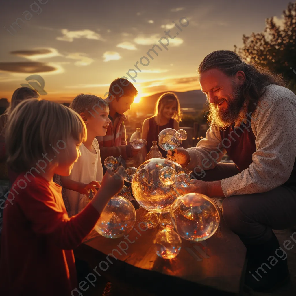 Artisan teaching children glass blowing techniques outdoors - Image 3