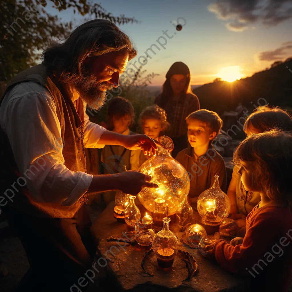 Artisan teaching children glass blowing techniques outdoors - Image 4