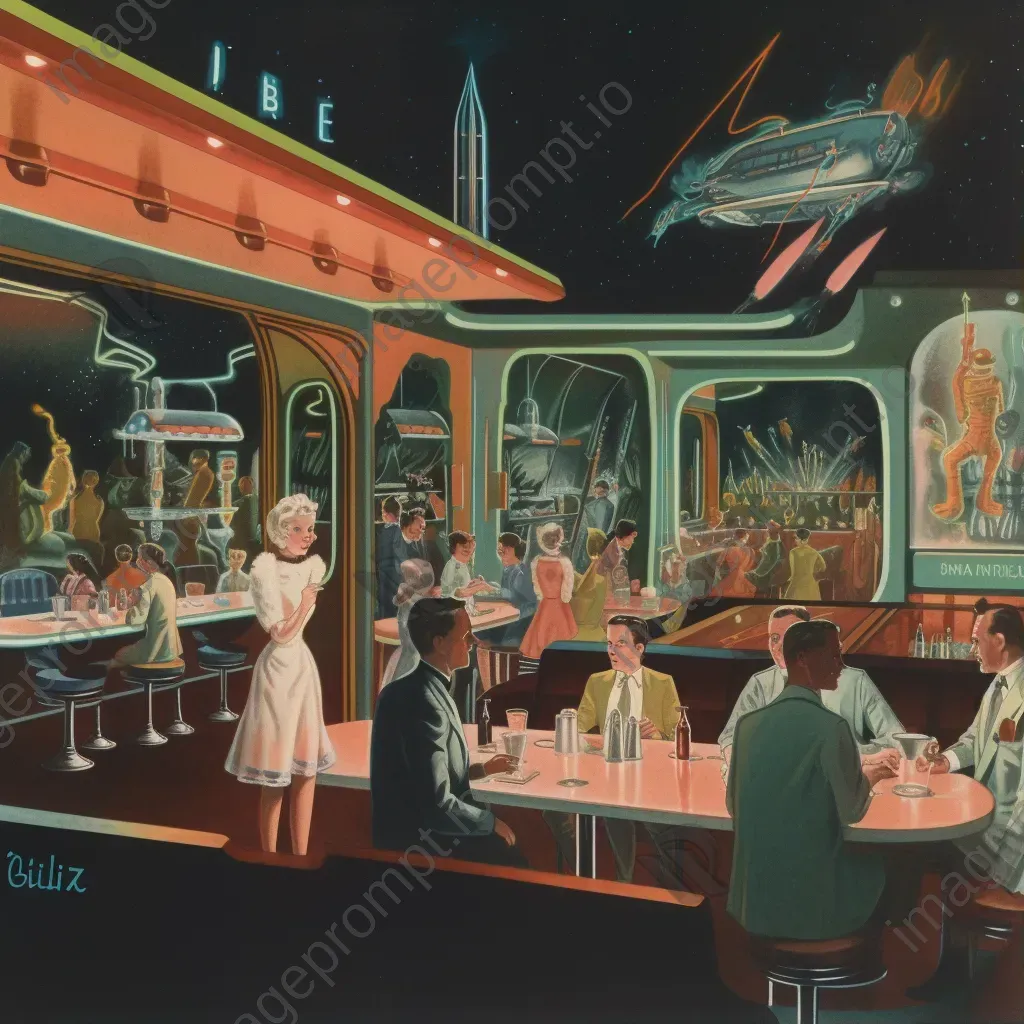 Neon-lit diner in 1950s style with robotic waitstaff and holographic menu boards - Image 1